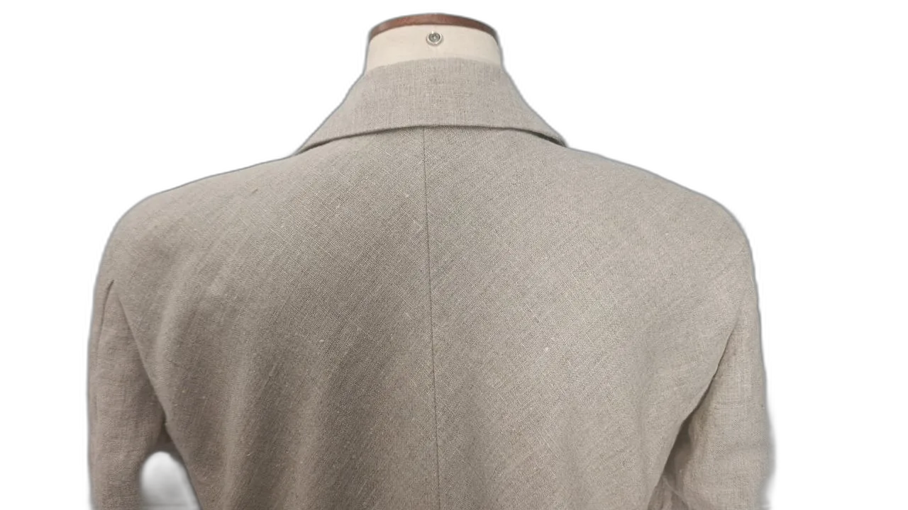 Deconstructed linen jacket, back view with collar and centre seam