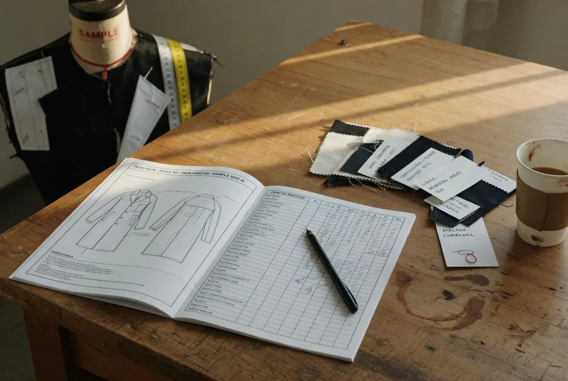 Tech pack abierto con dibujo plano y tabla de medidas, muestras de tejido y maniquí al fondo